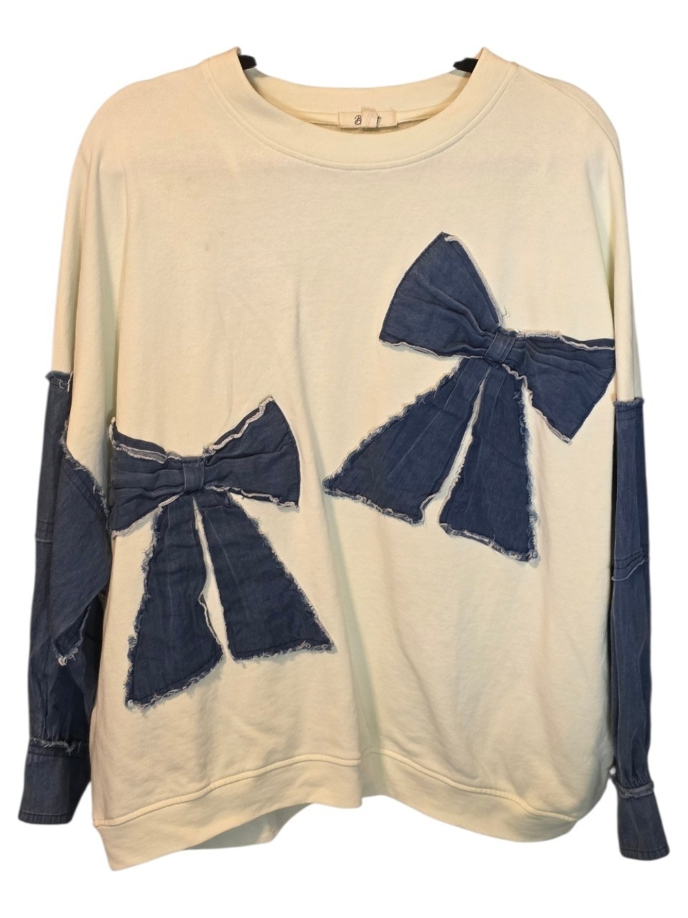 Cream Sweatshirt with Frayed Denim Bow Appliqués